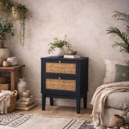 Wyld Haus Waterford Berlin Blue Oak & Rattan Bedside Cabinet 2 Drawers - thumbnail 1