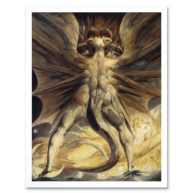 "Artery8 William Blake Red Dragon Woman Clothed Sun 1805 Old Framed Art Print in White - Size: W12"" x H16""" - image 1