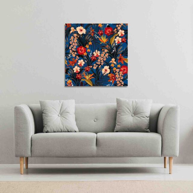 Benjamin Tate Design Bright Red & Orange Tropical Flowers & Plants (Canvas Print) / 77 x 77 x 4cm in Natural - Size: 77 x 77 x 4 cm - image 1
