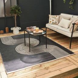 THE RUGS Reversible Weatherproof Outdoor Rug Wavy Line Black & Beige - Size: 150 cm x 220 cm - thumbnail 1