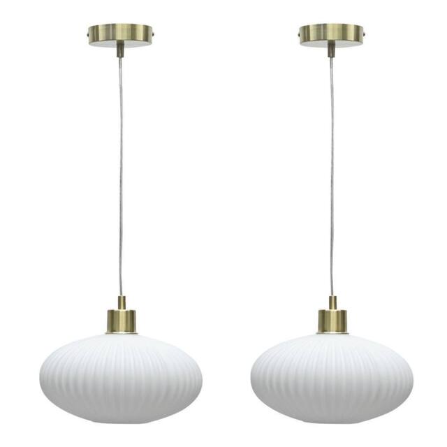 First Choice Lighting Set of 2 Baton - White Ribbed Oval Glass with Satin Brass Pendants - image 1