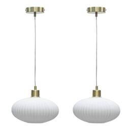 First Choice Lighting Set of 2 Baton - White Ribbed Oval Glass with Satin Brass Pendants