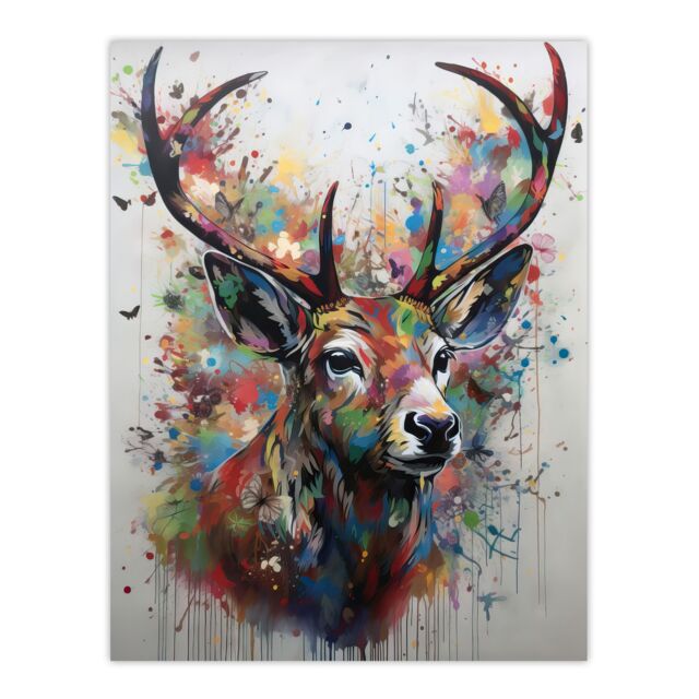"Artery8 Wall Art Print The Butterfly Stag Abstract Soft Pastel Colours Deer Ink Splat Poster - Size: W24"" x H32""" - image 1