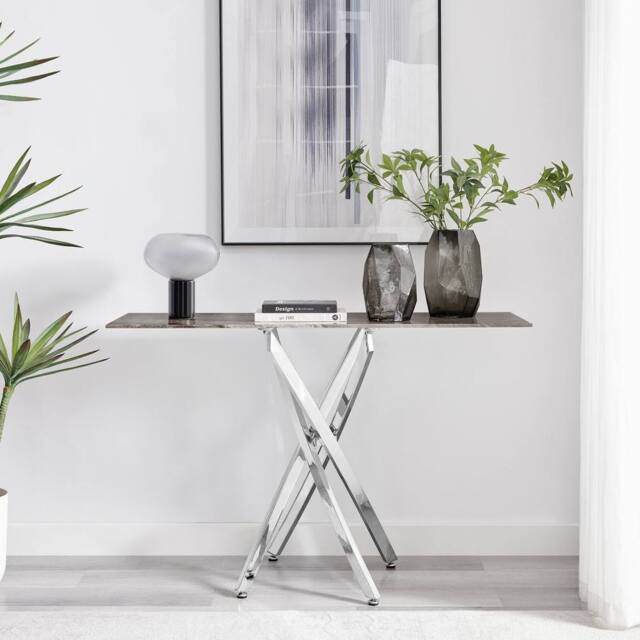 FurnitureboxUK Leonardo Rectangular Marble Effect Glass Top Console Table With Silver Metal Starburst Legs in Grey - image 1