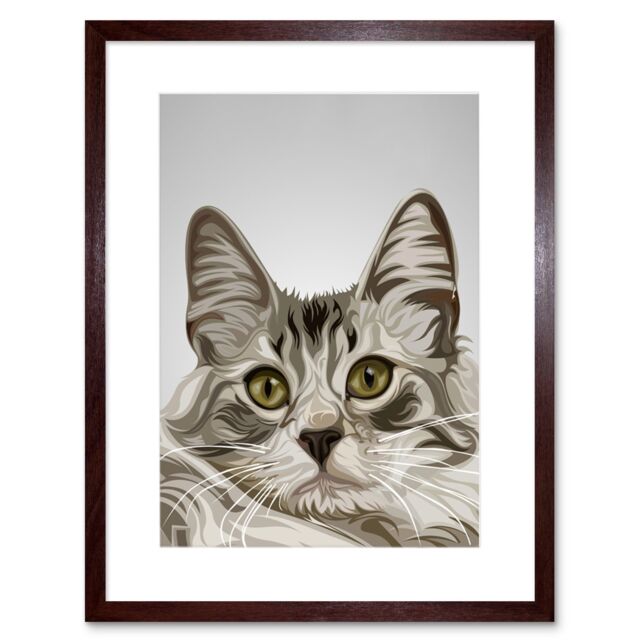 "Artery8 Wall Art Print Cat Grey Art Framed 9x7 inch in Brown - Size: W7"" x H9""" - image 1