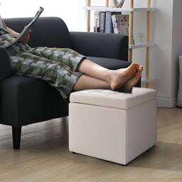Costway Faux Leather Storage Ottoman Cube Pouffe Storage Toy Box Padded Foot Stool in Beige - thumbnail 6