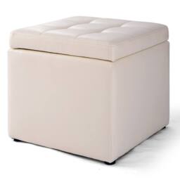 Costway Faux Leather Storage Ottoman Cube Pouffe Storage Toy Box Padded Foot Stool in Beige - thumbnail 1