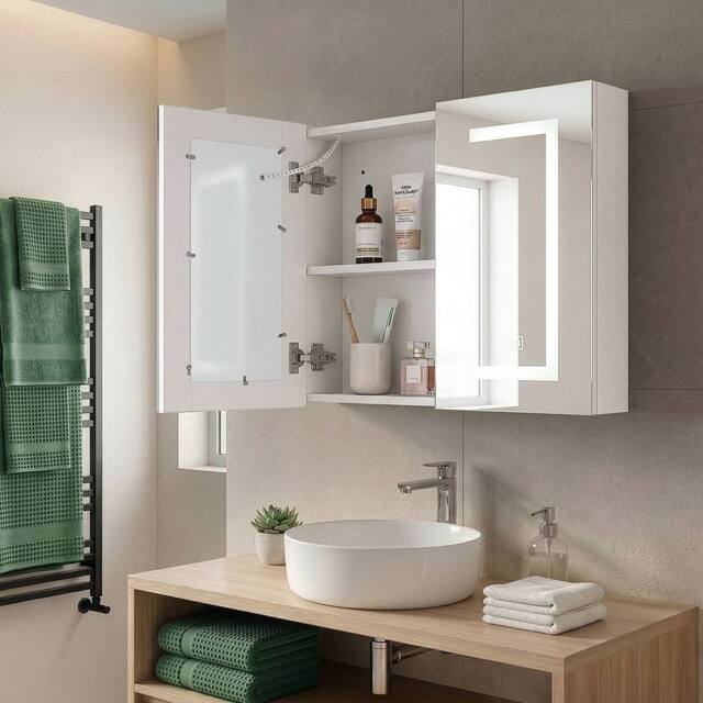 Wyld and Coco LED Mirror Cabinet 60 x 60 cm White Two Hidden Shelves - image 1