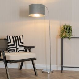 ValueLights Curva Chrome Arched Floor Lamp with Grey Velvet & Chrome Inner Lamp Shade & Bulb
