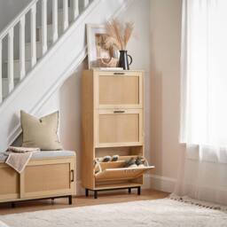 SoBuy Slim Shoe Cabinet - Rattan Doors & 6 Shelves - Modern Scandi in Light Oak - Size: 0.6m2 - thumbnail 8