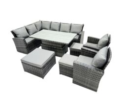 Fimous Poly Rattan Outdoor Patio Corner Sofa Set with 3 Stool, 2 Chairs in Dark Grey - thumbnail 2