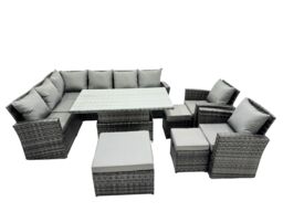 Fimous Poly Rattan Outdoor Patio Corner Sofa Set with 3 Stool, 2 Chairs in Dark Grey - thumbnail 1