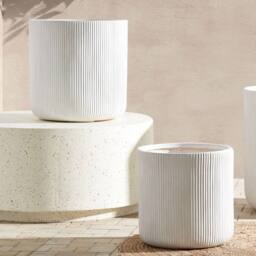 Wyld and Coco 45cm White Ribbed Fibre-Clay Outdoor Planter