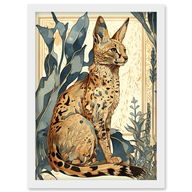 Artery8 Serval Cat with Teal Plants Watercolour Portrait Modern Illustration Artwork Framed Wall Art Print A4 in White - image 1