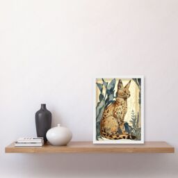 Artery8 Serval Cat with Teal Plants Watercolour Portrait Modern Illustration Artwork Framed Wall Art Print A4 in White - thumbnail 2