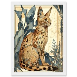 Artery8 Serval Cat with Teal Plants Watercolour Portrait Modern Illustration Artwork Framed Wall Art Print A4 in White - thumbnail 1