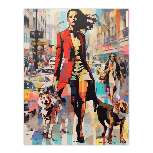 Artery8 Wall Art Print Autumn City Fashion Advert Acrylic Painting Woman w/ Dogs In Busy Street Vibrant Colourful Bold Pop Art Modern Painting - image 1