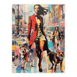 Artery8 Wall Art Print Autumn City Fashion Advert Acrylic Painting Woman w/ Dogs In Busy Street Vibrant Colourful Bold Pop Art Modern Painting - thumbnail 1