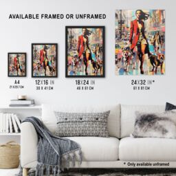 Artery8 Wall Art Print Autumn City Fashion Advert Acrylic Painting Woman w/ Dogs In Busy Street Vibrant Colourful Bold Pop Art Modern Painting - thumbnail 3