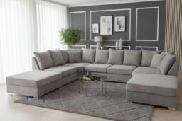 Stratus Interiors Easton Large U-Shaped Sofa in Soft Velvet Fabric in Grey - thumbnail 1