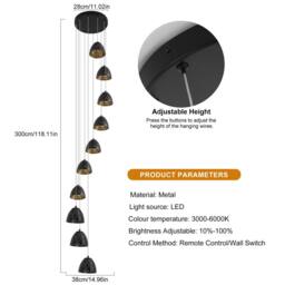 NIVOR 10 Light LED Dimmable Pendant Long Staircase Chandelier Adjustable 3M in Black - thumbnail 2