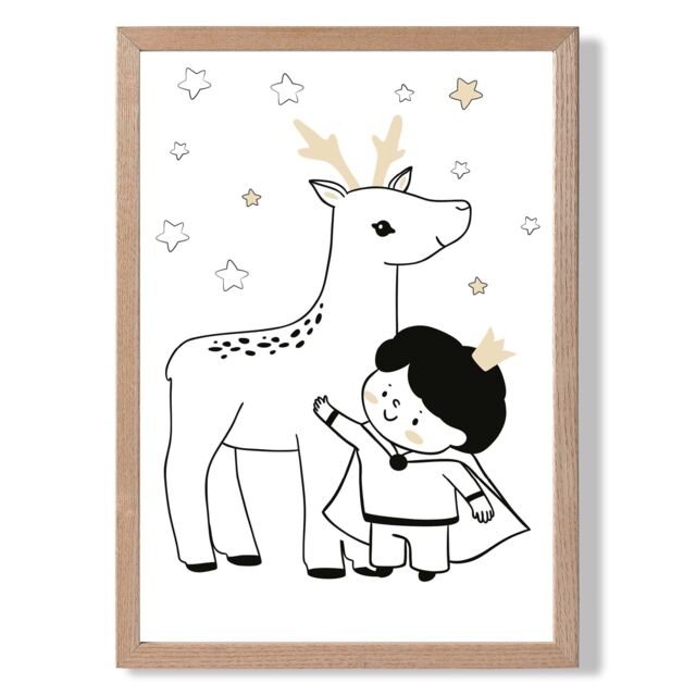 ARTZE Scandi Prince Little Boy with Reindeer Framed Print SIZE: A4 with Oak Frame in Black - image 1