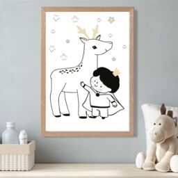 ARTZE Scandi Prince Little Boy with Reindeer Framed Print SIZE: A4 with Oak Frame in Black - thumbnail 2