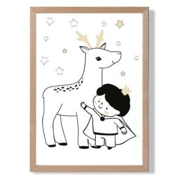 ARTZE Scandi Prince Little Boy with Reindeer Framed Print SIZE: A4 with Oak Frame in Black - thumbnail 1