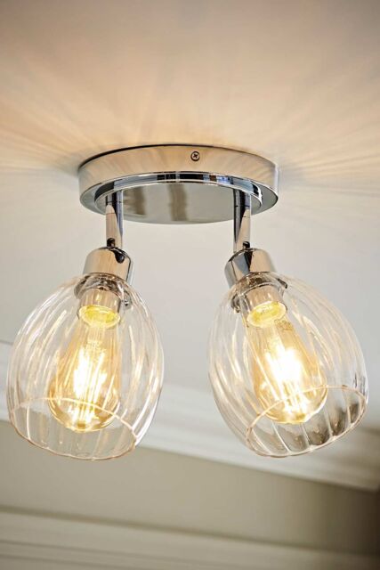ValueLights Cheltenham 2 Way Ribbed Glass Adjustable Spotlight Flush Ceiling Light in Metallic Silver - image 1