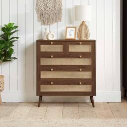 Birlea Walnut Chest of 5 Drawers Rattan Croxley Mid Century Modern - thumbnail 1