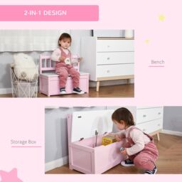 HOMCOM 2 In 1 Wooden Toy Box, Seat Bench Storage Chest w/ Pneumatic Rod in Pink - thumbnail 6