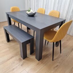 KOSY KOALA Grey Dining Table with 4 Diamond Stitched Mustard Chairs & 1 Bench in Dark Grey - thumbnail 3
