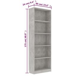 Berkfield Home 5-Tier Book Cabinet Concrete Grey 60x24x175 cm Engineered Wood - Size: 60 x 24 x 175 cm - thumbnail 6