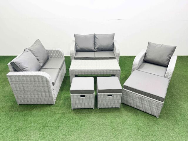 Fimous High Back Poly Rattan Garden Furniture Set with Reclining Chair Loveseat Sofa Oblong Coffee Table Indoor Outdoor Patio Set 3 Stools Light Grey - image 1