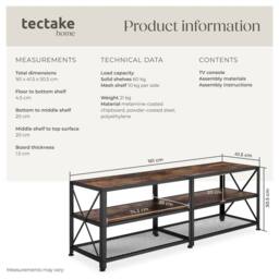 tectake Industrial Tv Stand - Lowboard Cabinet 3 Shelves Low Display Console in Brown - Size: 141 cm - thumbnail 6