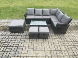 Fimous Wicker PE Outdoor Garden Furniture Set High Back Rattan Corner Sofa Set with Rectangular Coffee Table 3 Footstools in Dark Grey - thumbnail 1