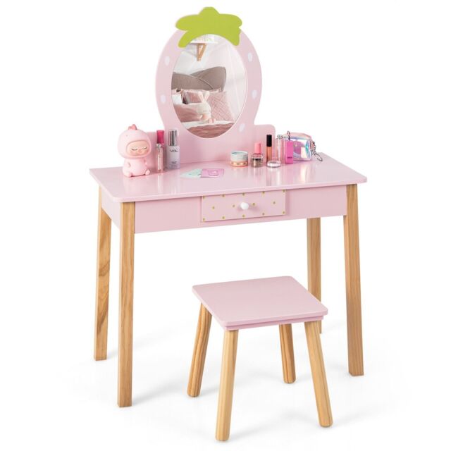 Costway 2in1 Vanity Set Wooden Vanity Set w/ Stool Mirror & Drawer in Pink - image 1