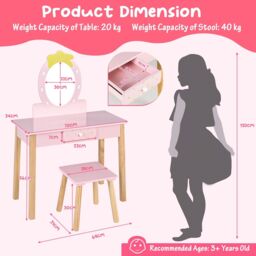 Costway 2in1 Vanity Set Wooden Vanity Set w/ Stool Mirror & Drawer in Pink - thumbnail 2