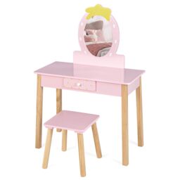 Costway 2in1 Vanity Set Wooden Vanity Set w/ Stool Mirror & Drawer in Pink - thumbnail 3