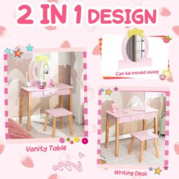 Costway 2in1 Vanity Set Wooden Vanity Set w/ Stool Mirror & Drawer in Pink - thumbnail 4
