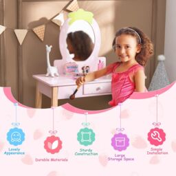 Costway 2in1 Vanity Set Wooden Vanity Set w/ Stool Mirror & Drawer in Pink - thumbnail 6