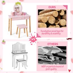 Costway 2in1 Vanity Set Wooden Vanity Set w/ Stool Mirror & Drawer in Pink - thumbnail 5