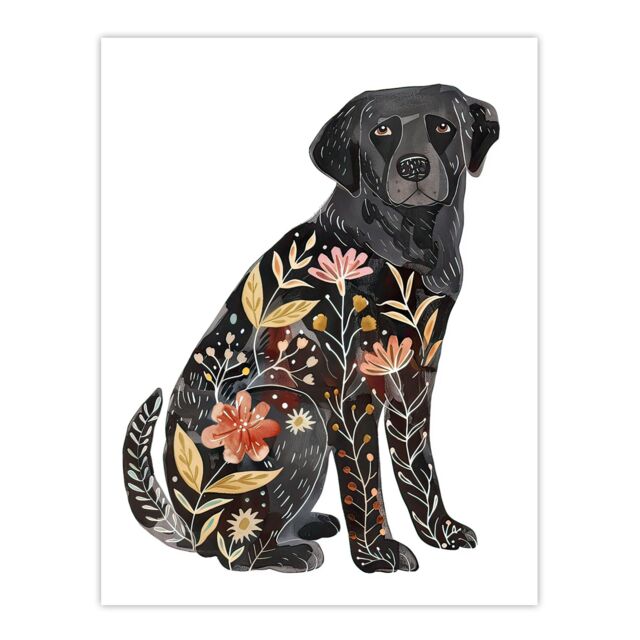 "Artery8 Floral Pattern Black Labrador Dog Lover Design Wall Art Print - Size: W12"" x H16""" - image 1