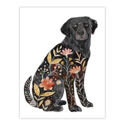 "Artery8 Floral Pattern Black Labrador Dog Lover Design Wall Art Print - Size: W12"" x H16""" - thumbnail 1
