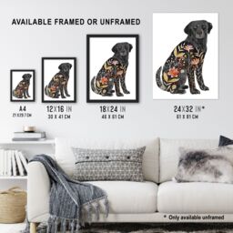"Artery8 Floral Pattern Black Labrador Dog Lover Design Wall Art Print - Size: W12"" x H16""" - thumbnail 3