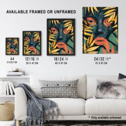 "Artery8 Wall Art Print Woman Face Behind Jungle Plant Leaves Portrait Poster in Dark Blue - Size: W24"" x H32""" - thumbnail 3