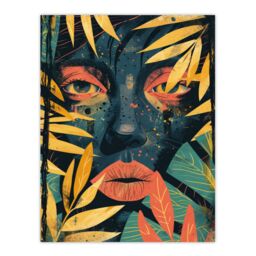 "Artery8 Wall Art Print Woman Face Behind Jungle Plant Leaves Portrait Poster in Dark Blue - Size: W24"" x H32""" - thumbnail 1