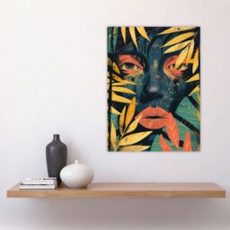 "Artery8 Wall Art Print Woman Face Behind Jungle Plant Leaves Portrait Poster in Dark Blue - Size: W24"" x H32""" - thumbnail 4