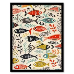 "Artery8 Scandi Fish Sea Kelp Design Colourful Rustic Framed Art Print - Size: W12"" x H16""" - thumbnail 1