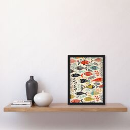 "Artery8 Scandi Fish Sea Kelp Design Colourful Rustic Framed Art Print - Size: W12"" x H16""" - thumbnail 4